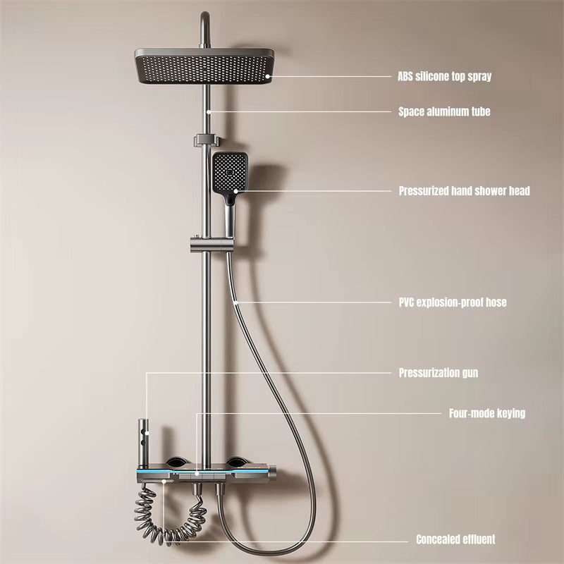 Colonne de Douche Multifonction – Pluie, Douchette à Main, Affichage Numérique & Commandes Piano – Gris