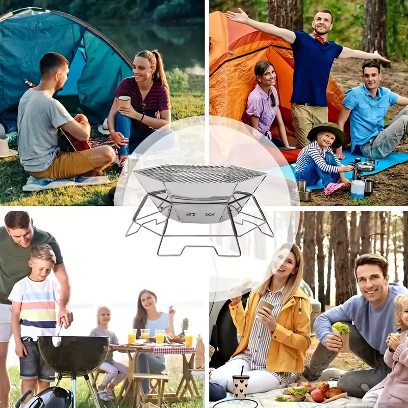 Barbecue Portable Pliable Acier Inoxydable – Grill Camping avec Grille de Cuisson – Brasero Extérieur Jardin, Pique-Nique, Randonnée
