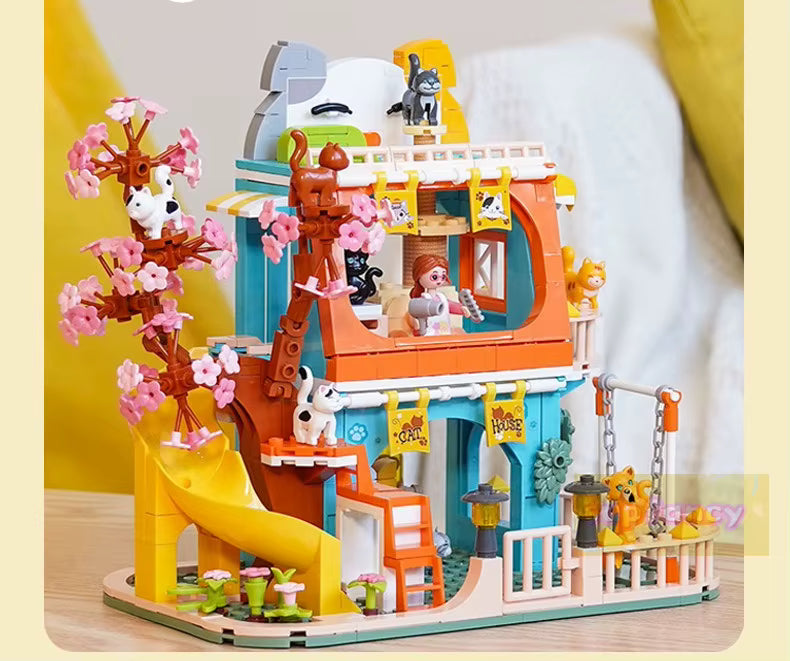 Maison Animaux Blocs de Construction avec Arbre Sakura – Villa Chat Jouet Créatif – Jeu DIY Enfant – Cadeau Fille