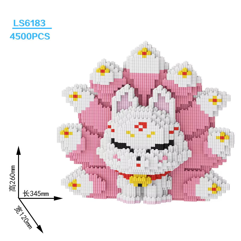 Figurine Renard à Neuf Queues Rose en Blocs de Construction – Modèle Créature Fantastique à Assembler – Jeu Créatif Enfant Adulte – Décoration Originale