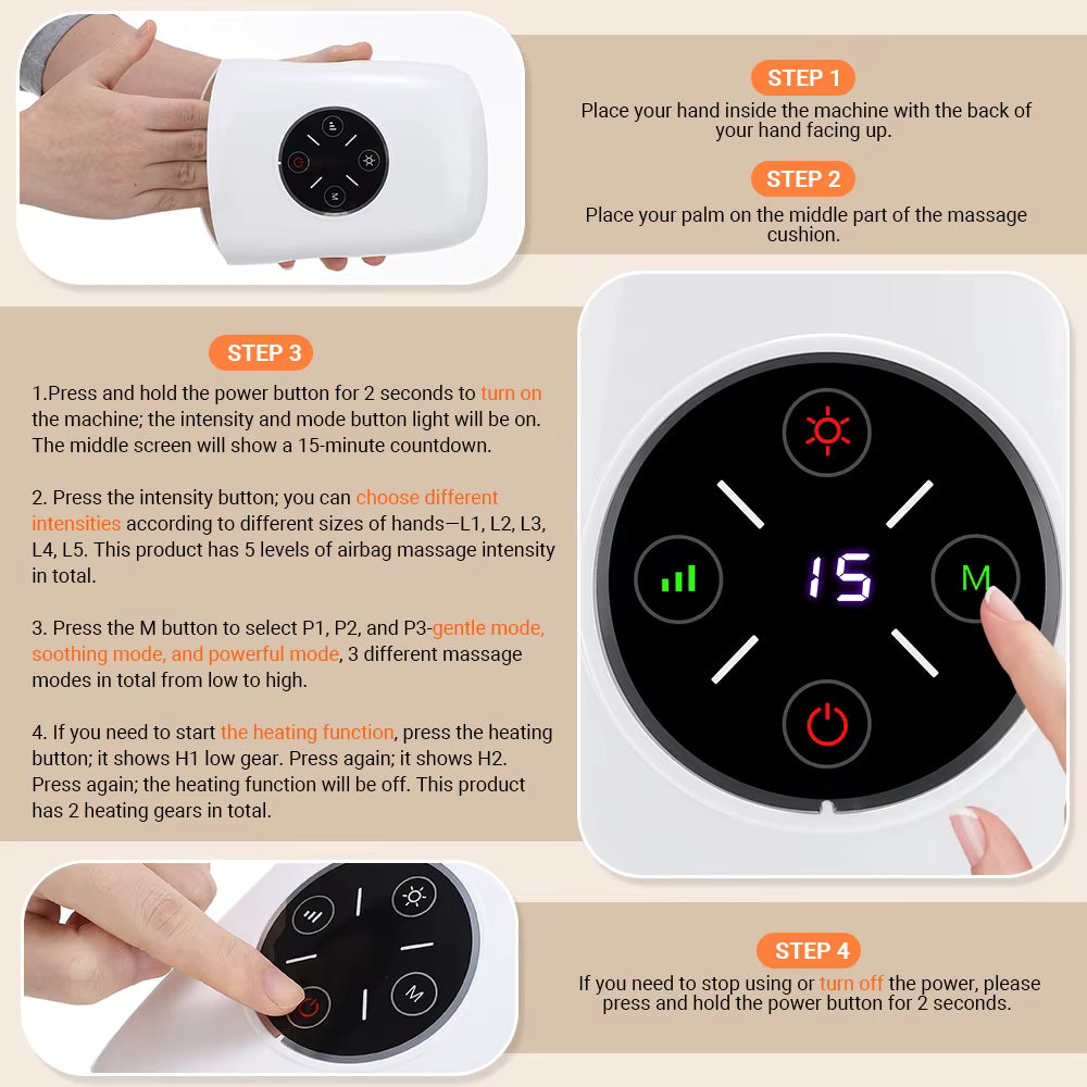 Masseur de Main Électrique Intelligent Airbag – 3 Modes, Chaleur, Compression, Sans Fil, Relaxation & Soulagement des Douleurs