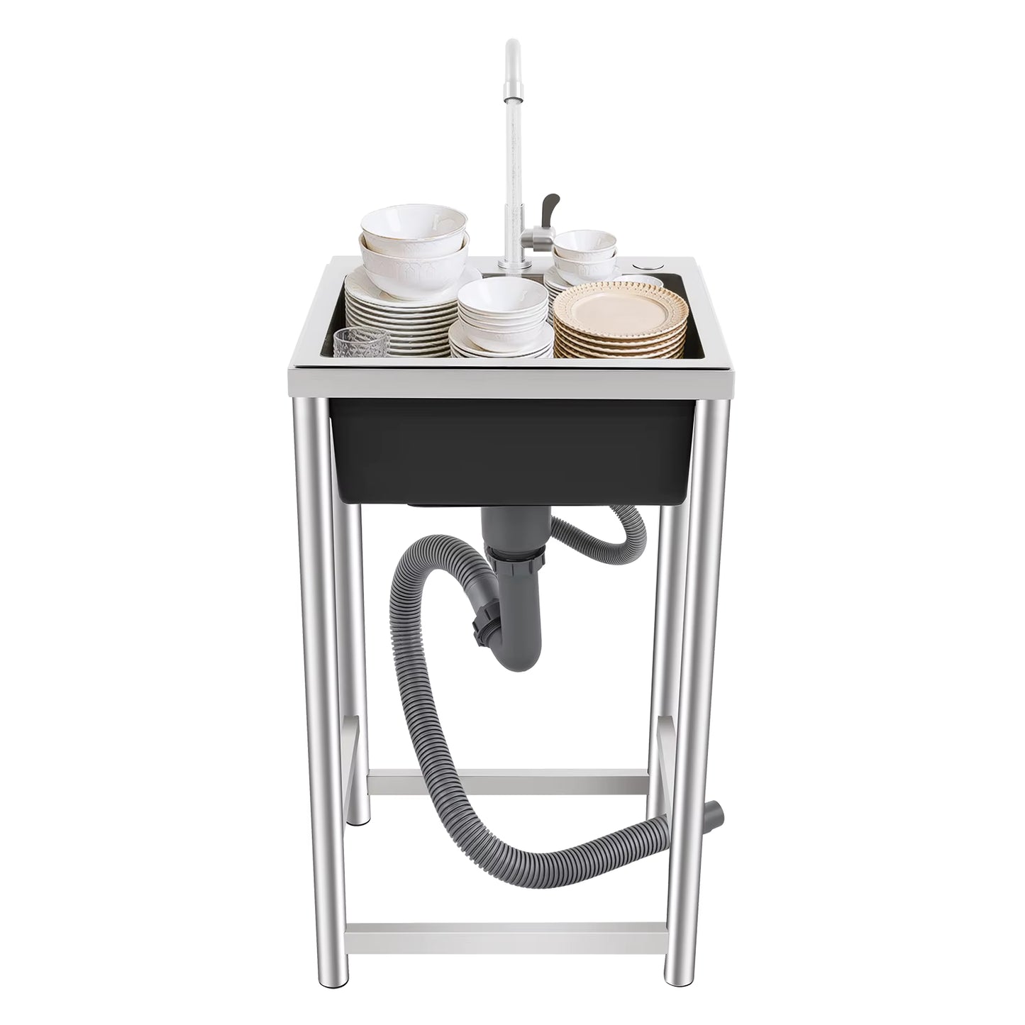 Évier de Cuisine Inox sur Pied avec Robinet 360° – Bac Unique – Évier Autonome Utilitaire Maison Restaurant