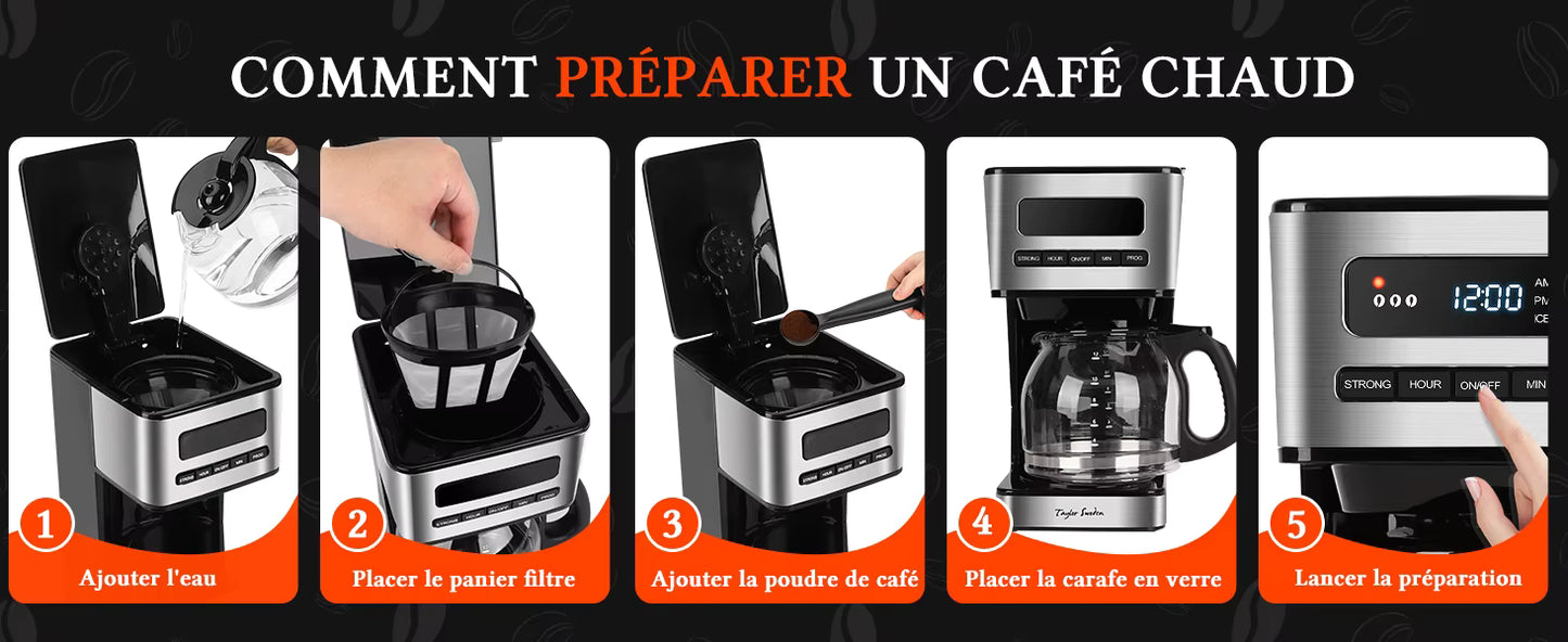 Cafetière Électrique 1,8L Programmable 24H – Machine à Café 12-15 Tasses avec Filtre Amovible, Maintien au Chaud, Écran LED