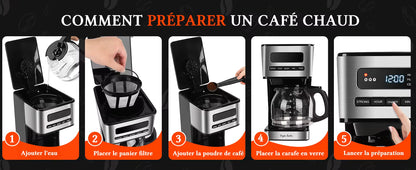Cafetière Électrique 1,8L Programmable 24H – Machine à Café 12-15 Tasses avec Filtre Amovible, Maintien au Chaud, Écran LED