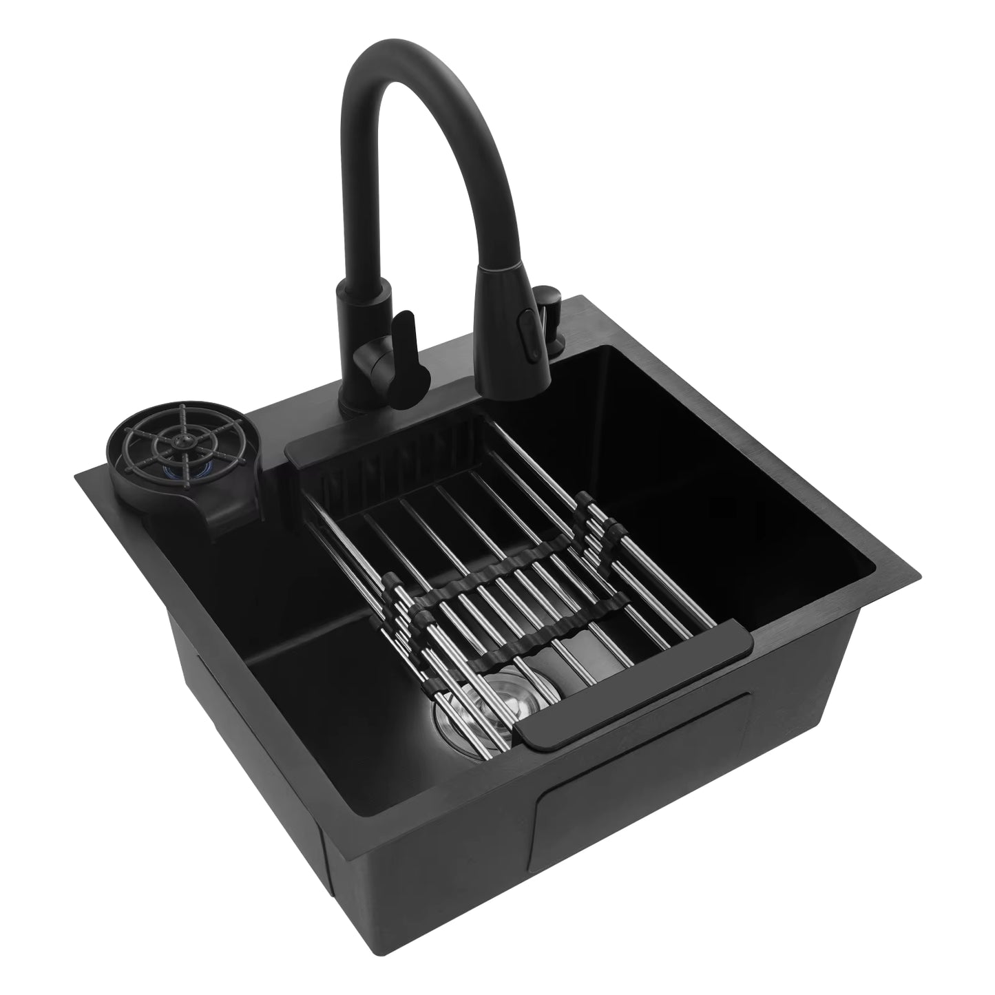 Évier de Cuisine Multifonction Noir 50x45 cm avec Robinet Rétractable – Bac Inox Simple Cuve avec Égouttoir et Distributeur de Savon