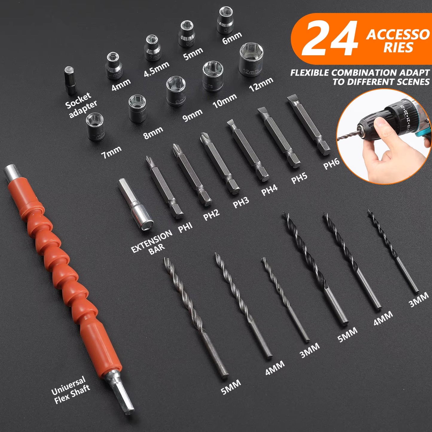 Kit perceuse électrique sans fil 21 V – Tournevis 35 Nm – Embrayage 25+3 – Coffret 29 pièces pour bricolage et réparation