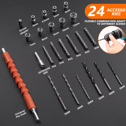 Kit perceuse électrique sans fil 21 V – Tournevis 35 Nm – Embrayage 25+3 – Coffret 29 pièces pour bricolage et réparation