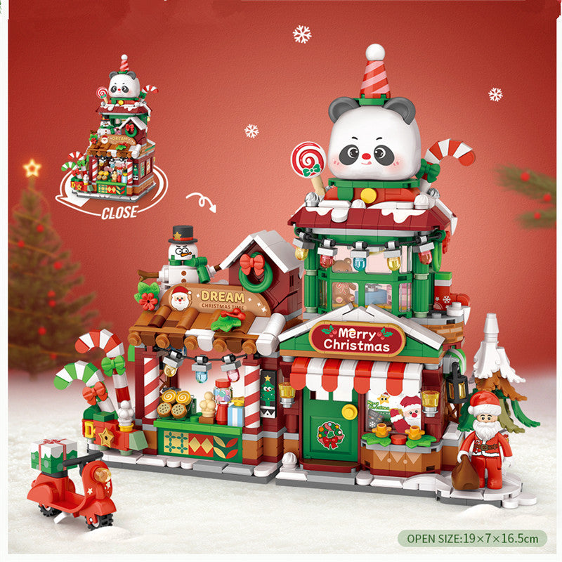 Maison de Noël Panda en Blocs de Construction – Boutique Festive avec Figurines – Décoration DIY Créative – Cadeau Enfant & Adulte