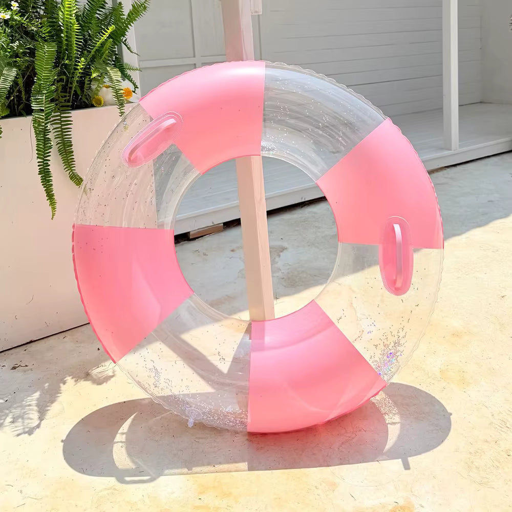 Bouée Gonflable Adulte Transparente Rose avec Poignées – Anneau de Natation Piscine Plage Été Flotteur Aquatique 60-80 kg