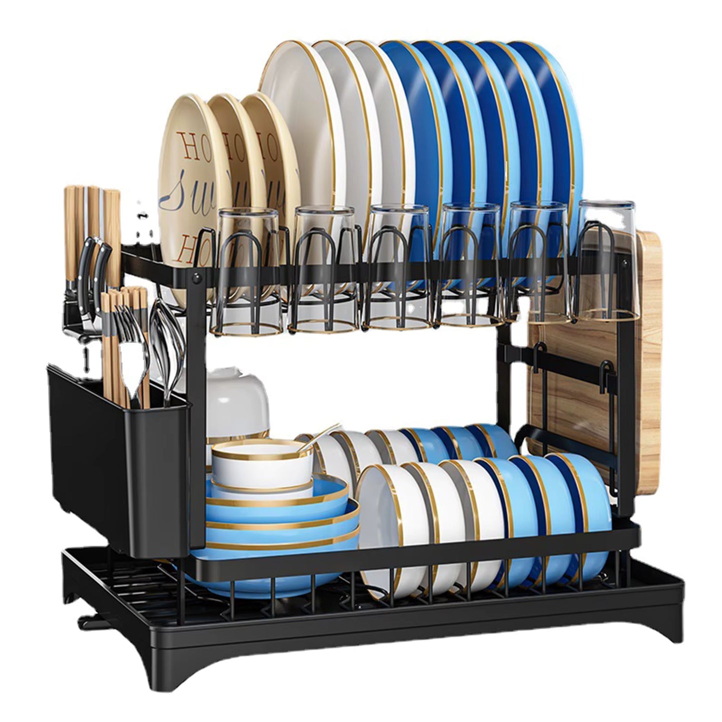 Égouttoir à Vaisselle 2 Niveaux Rotatif 360° – Support de Rangement Cuisine avec Plateau de Drainage – Égouttoir à Bec Pivotant – Couleur Noir