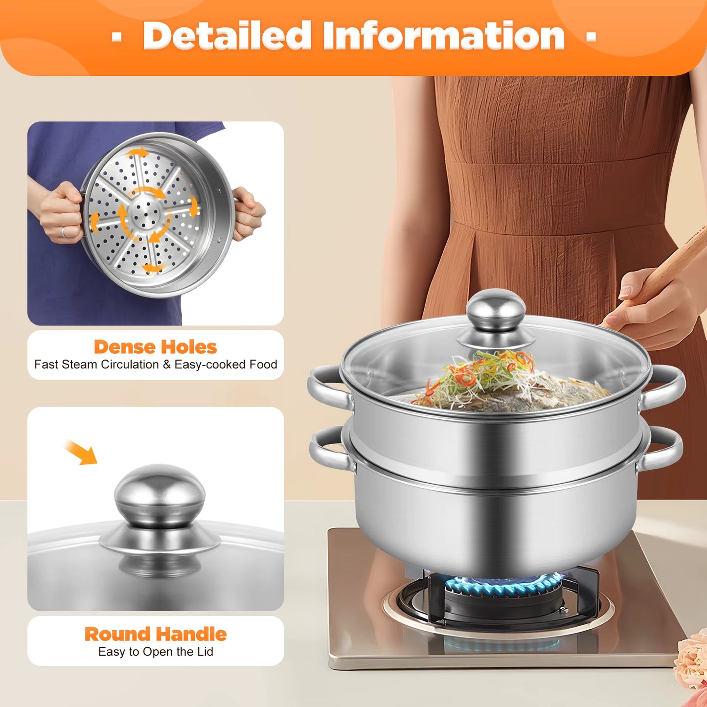 Cuiseur Vapeur Inox 5 Niveaux Ø24 cm – Panier Vapeur Empilable – Cuisine Saine Légumes Poisson Riz – Tous Feux