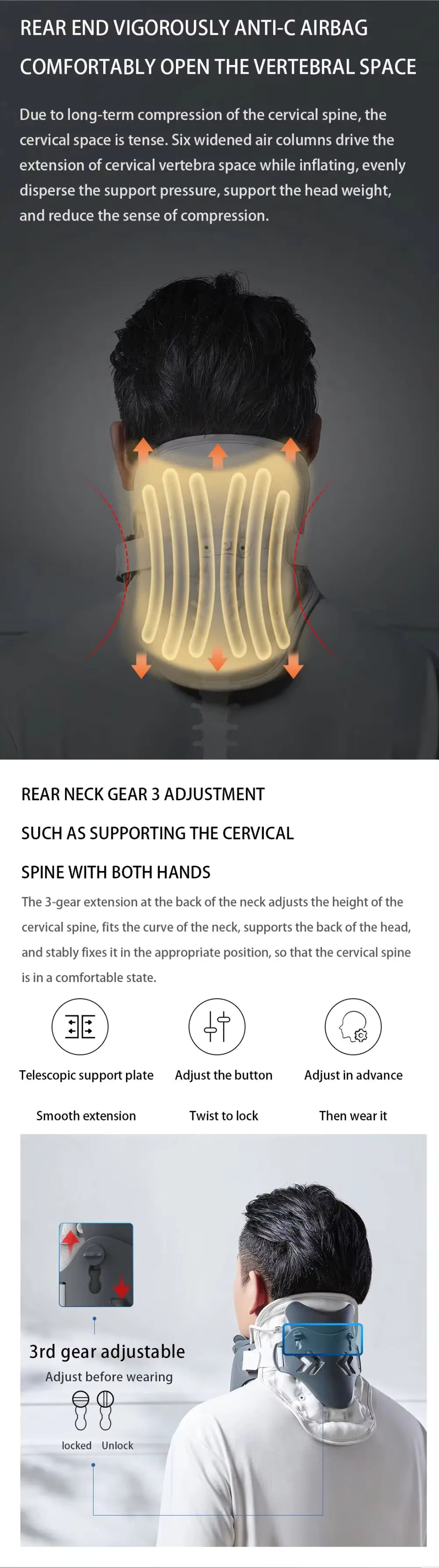 Correcteur Cervical Gonflable Réglable avec Airbag – Appareil de Relaxation du Cou et Soulagement Cervical – Massage Cervical Maison Bureau – Noir