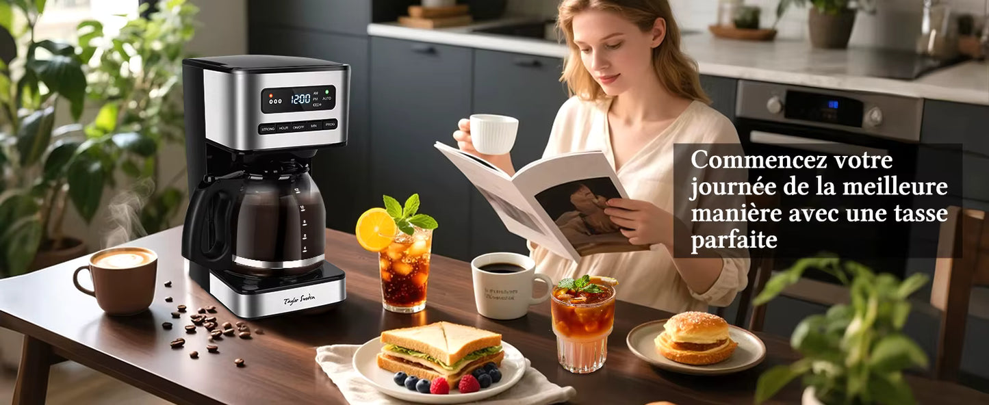 Cafetière Électrique 1,8L Programmable 24H – Machine à Café 12-15 Tasses avec Filtre Amovible, Maintien au Chaud, Écran LED