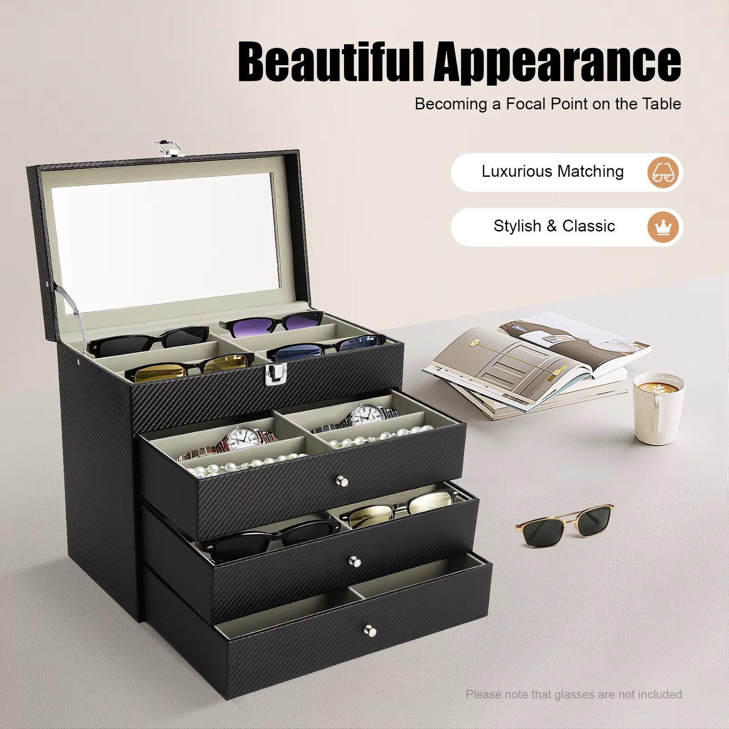Vitrine lunettes 24 compartiments avec couvercle en verre