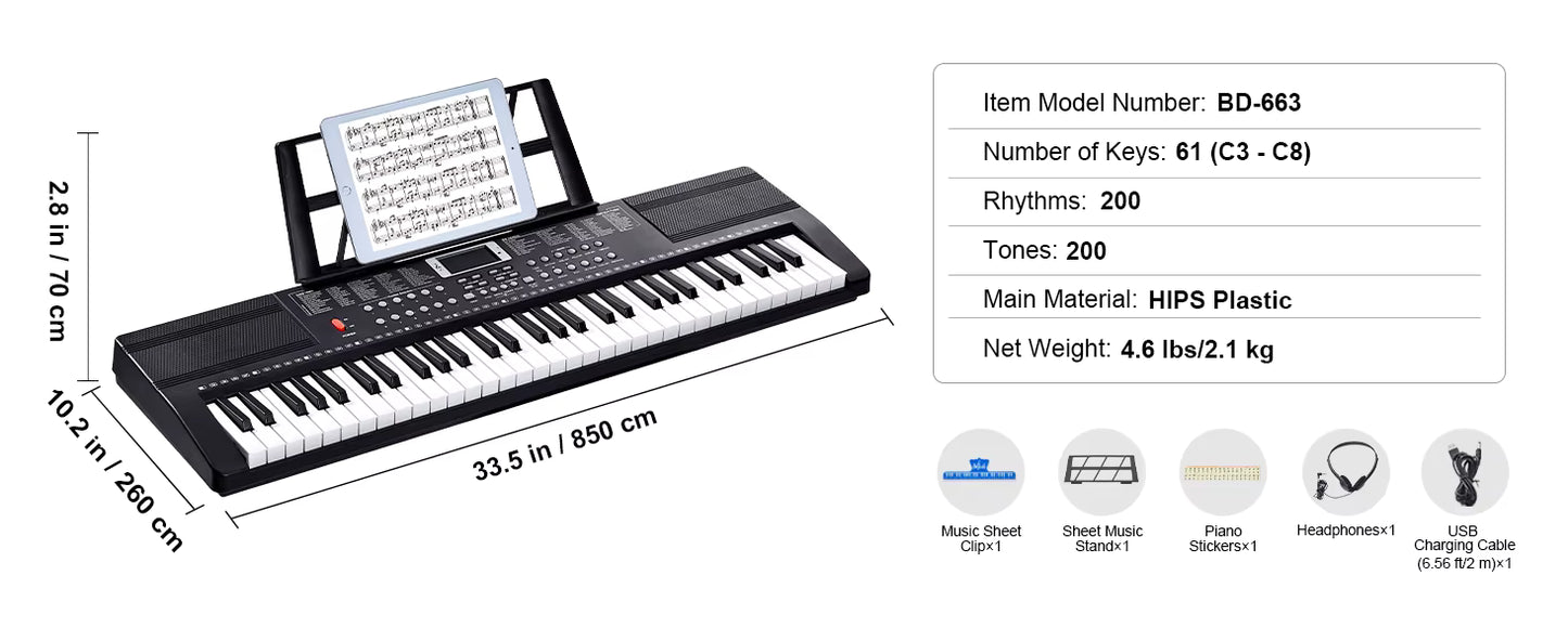 Piano Numérique 61 Touches – Clavier Électronique Portable Débutant – 200/600 Sons & 200/500 Rythmes – Piano Électrique Enfant Adulte
