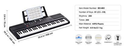 Piano Numérique 61 Touches – Clavier Électronique Portable Débutant – 200/600 Sons & 200/500 Rythmes – Piano Électrique Enfant Adulte