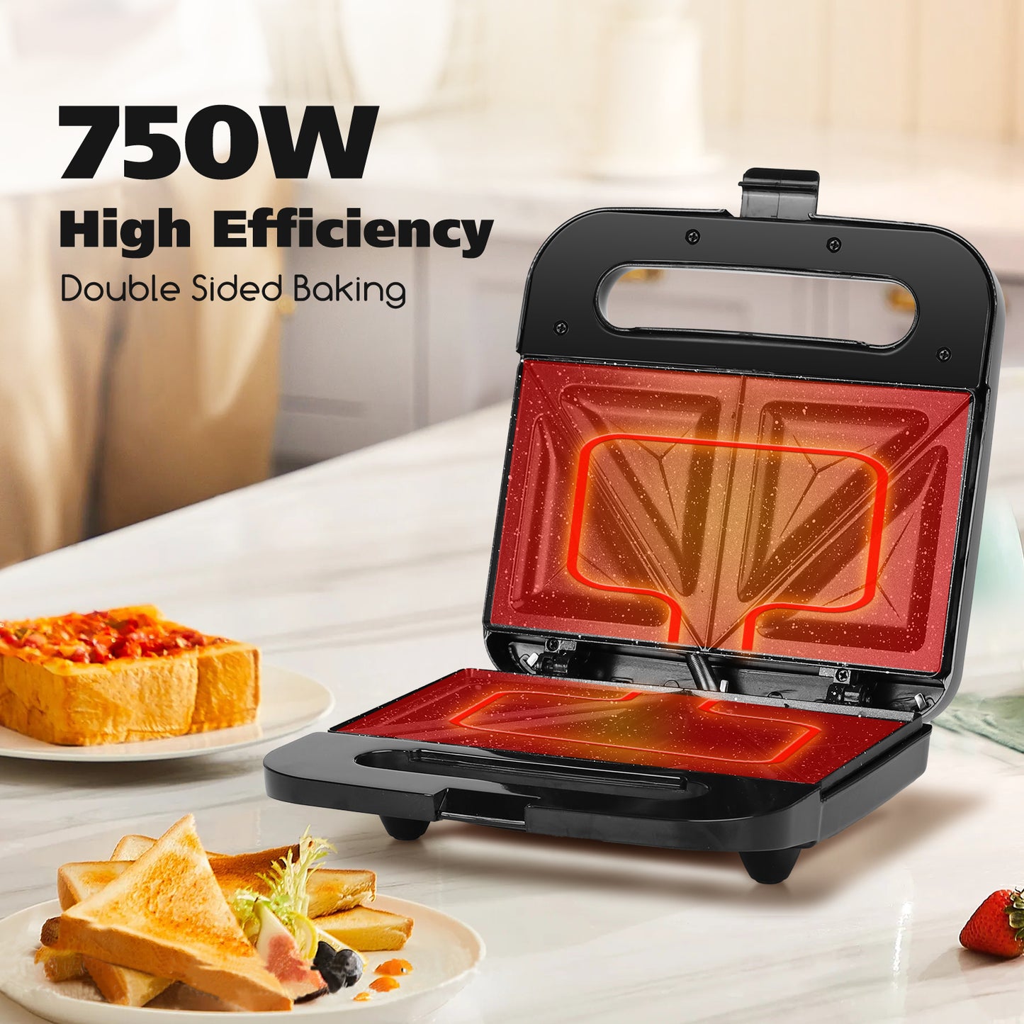 Grille-Pain Sandwich 2 en 1 – Appareil à Croque-Monsieur Antiadhésif, Chauffage Rapide 180-200°C, Compact et Facile à Nettoyer