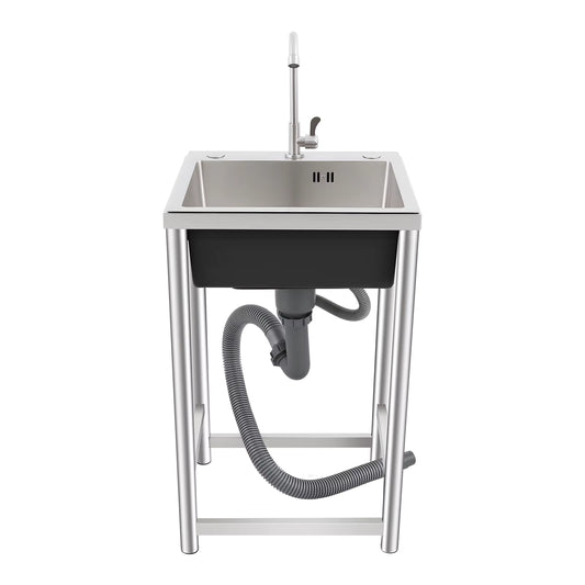 Évier de Cuisine Inox sur Pied avec Robinet 360° – Bac Unique – Évier Autonome Utilitaire Maison Restaurant