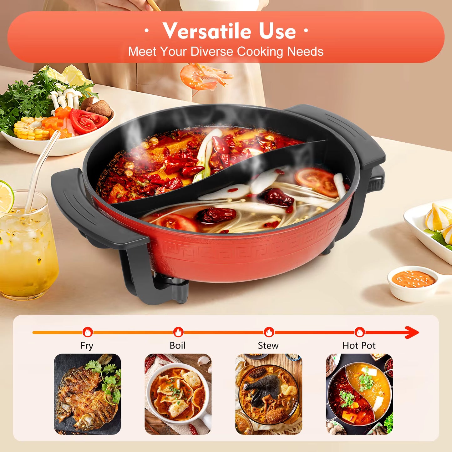 Casserole électrique 1360W avec couvercle – Marmite multifonction grande capacité – Cuisson plats familiaux