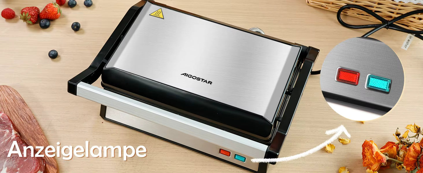 Grill Panini 1500W – Plaques Antiadhésives, Presse Sandwich, Cuisson Double Face, Bac Récupérateur Graisse, Ouverture 180°, Cuisine Rapide
