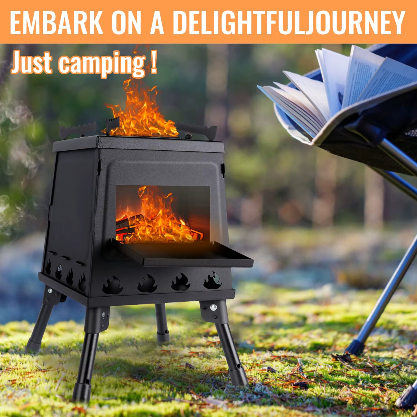 Poêle à Bois Portable Pliable pour Camping et Randonnée – Réchaud Extérieur avec Sac de Transport et Gants – Cuisine Plein Air