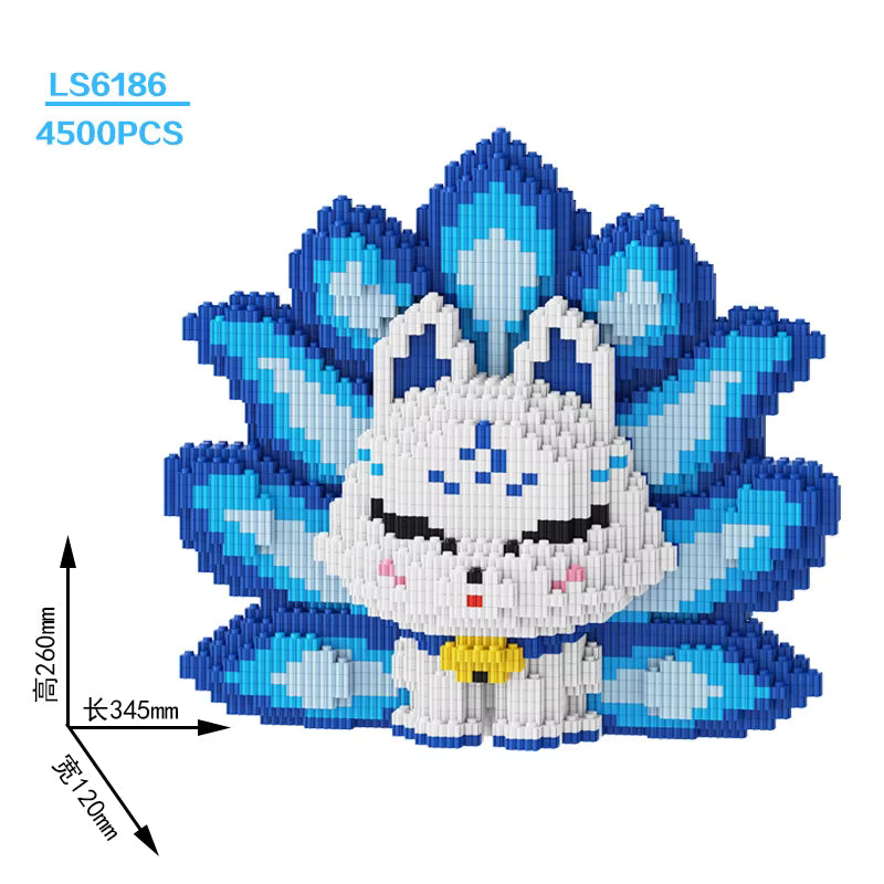 Figurine Renard à Neuf Queues Bleu en Blocs de Construction – Modèle Créature Fantastique à Assembler – Jeu Créatif Enfant Adulte – Décoration Originale