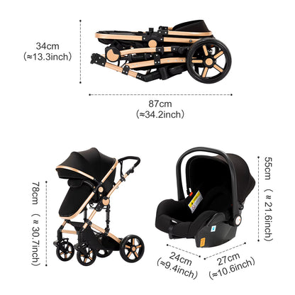 Poussette Bébé 3 Modes avec Siège Réversible – Système de Voyage Pliable – Dossier 180° – Suspension Anti-Chocs