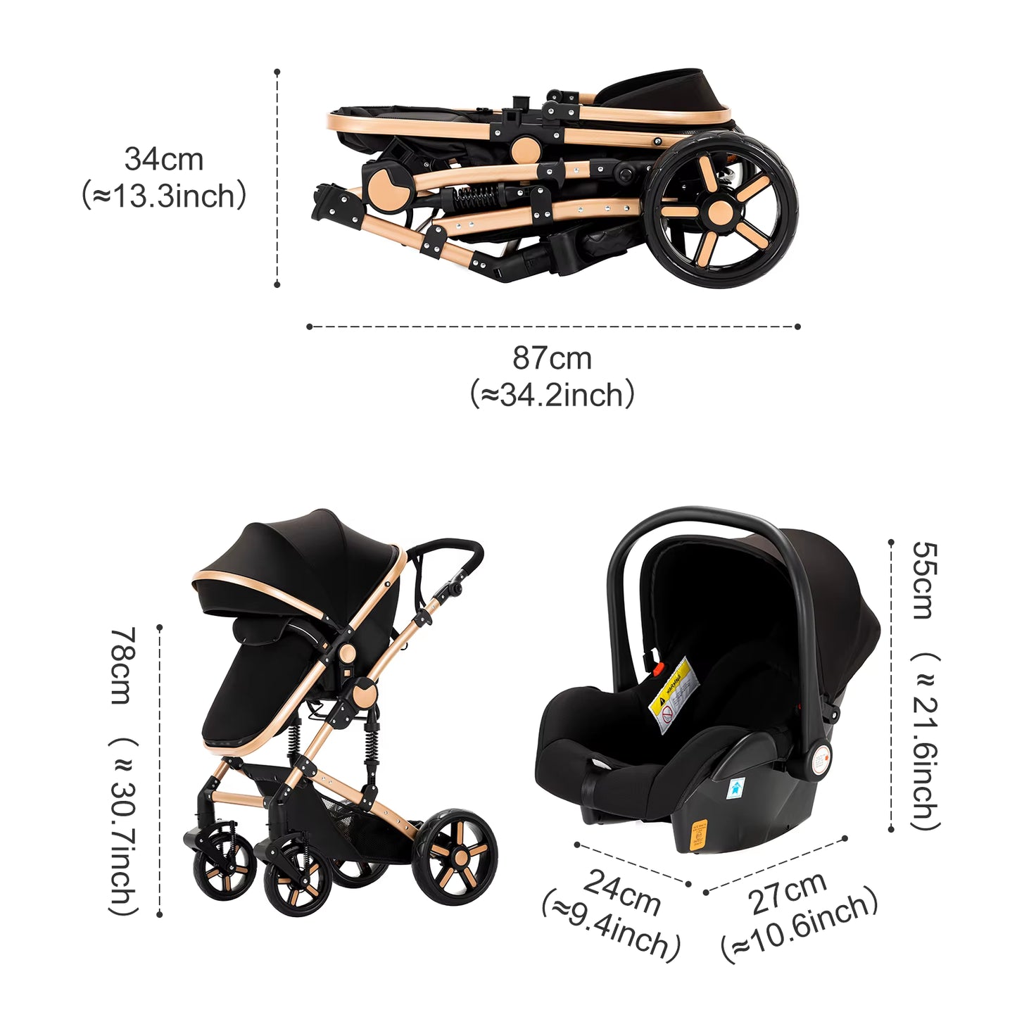 Poussette Bébé 3 Modes avec Siège Réversible – Système de Voyage Pliable – Dossier 180° – Suspension Anti-Chocs