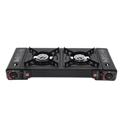 Réchaud de Camping Portable 2 Brûleurs avec Mallette de Rangement Gaz Butane Cuisine Extérieure Barbecue Pique-Nique Noir