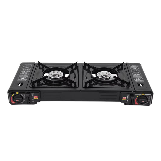 Réchaud de Camping Portable 2 Brûleurs avec Mallette de Rangement Gaz Butane Cuisine Extérieure Barbecue Pique-Nique Noir