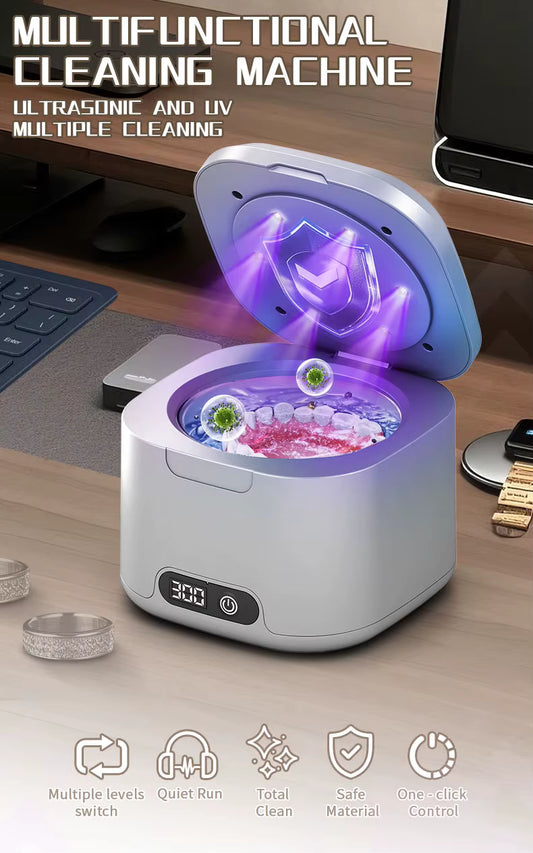 Mini nettoyeur à ultrasons UV portable – Boîtier de nettoyage pour bijoux, lunettes, prothèses dentaires, appareil compact haute fréquence