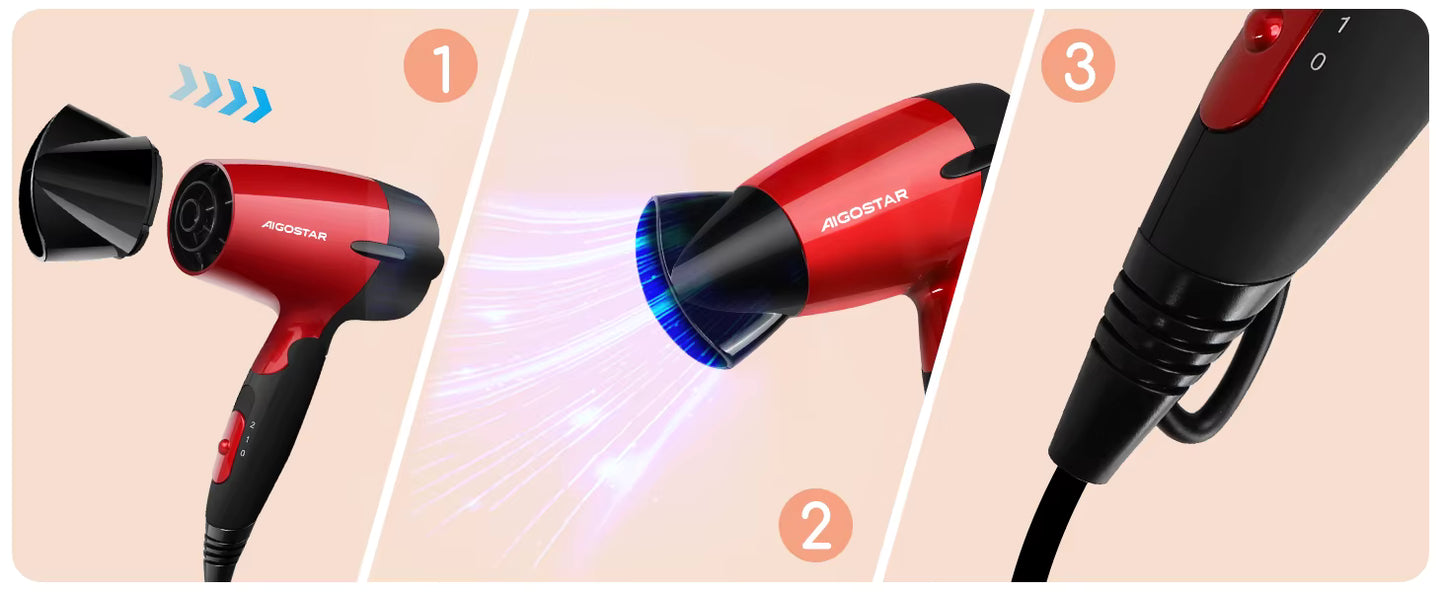 Sèche-cheveux de Voyage Pliable 1500W – Double Tension 110-220V, 2 Vitesses, Compact, Léger, Protection Surchauffe, Idéal Déplacement