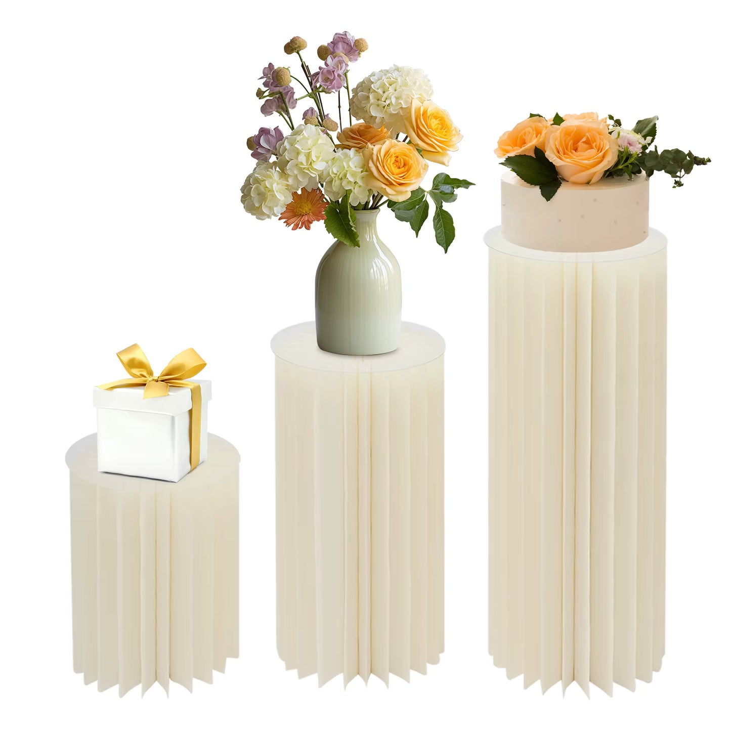 Support décoratif rond pliable blanc (lot de 3) – Socle colonne pour fleurs, mariage, anniversaire, décoration événementielle