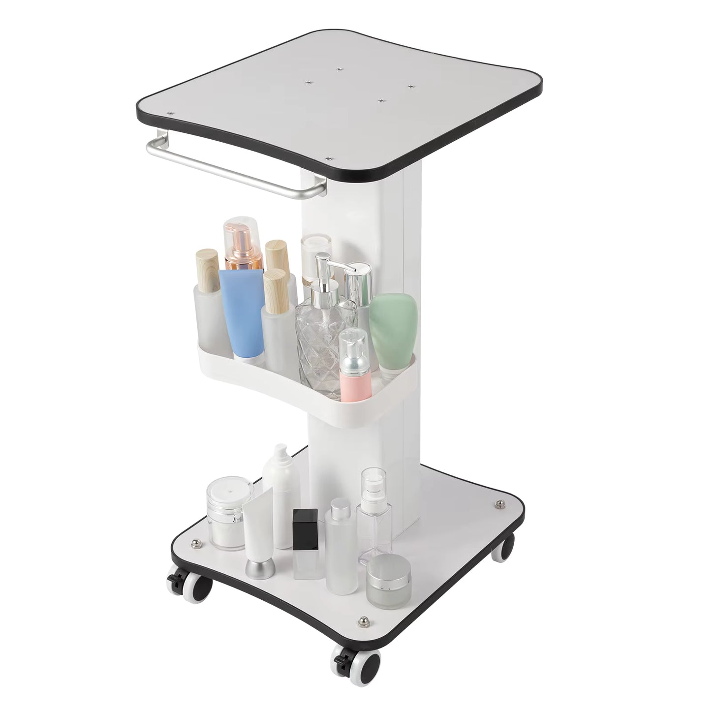 Chariot de Beauté Multifonction à Roulettes 360° – 4 Roues Verrouillables, Support Appareil Esthétique, Table Mobile Salon, Blanc