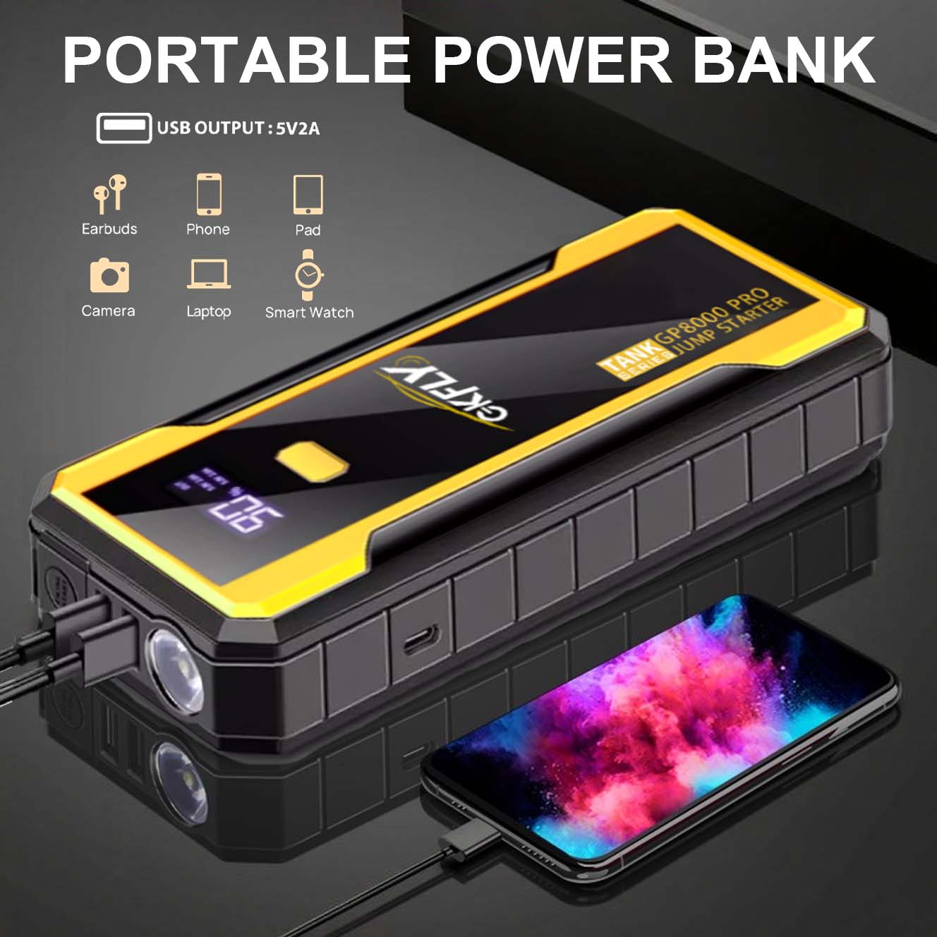 Démarreur de Batterie Portable  GP8000 PRO 8000A 12V Booster Voiture Essence Diesel avec Écran LED