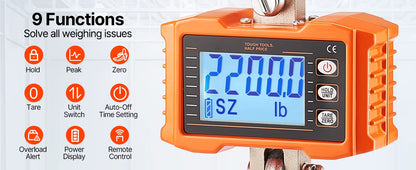 1000kg / 2000kg 悬挂式电子秤 – 带遥控器的工业吊秤 – 背光 LCD 显示屏
