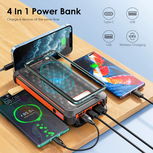 Batterie Externe Solaire 26800 mAh PD 22.5W – Chargeur Rapide QC 3.0 3 Sorties – 4 Panneaux Pliables Camping