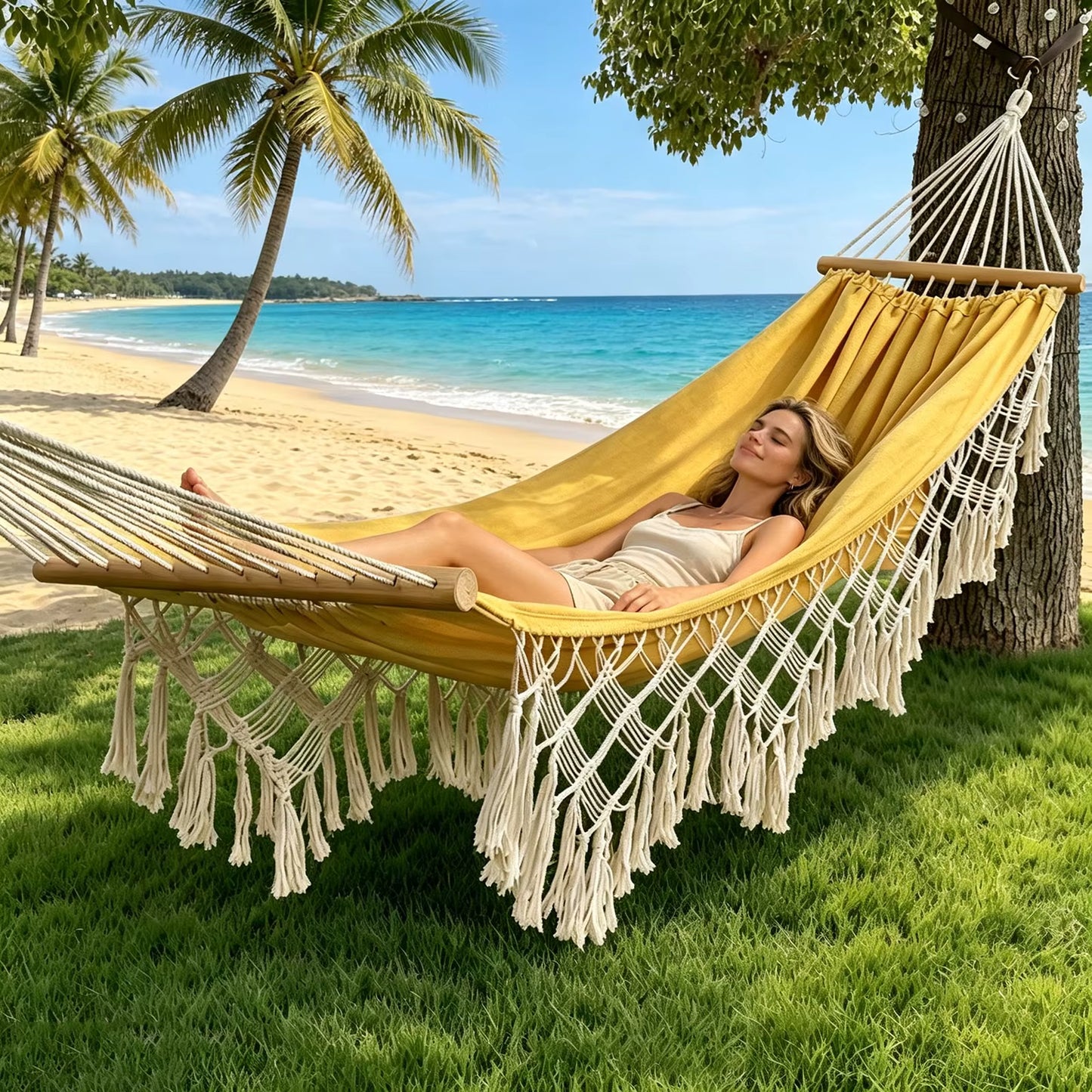 Hamac de Jardin 2 Places avec Franges – Hamac Suspendu Robuste pour Extérieur, Terrasse, Camping, Balcon et Détente en Plein Air