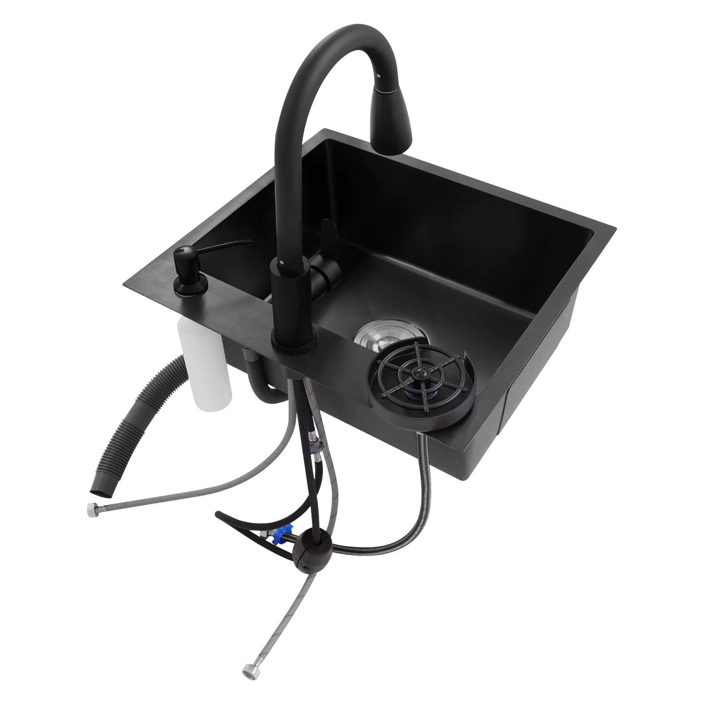 Évier de Cuisine Multifonction Noir 50x45 cm avec Robinet Rétractable – Bac Inox Simple Cuve avec Égouttoir et Distributeur de Savon