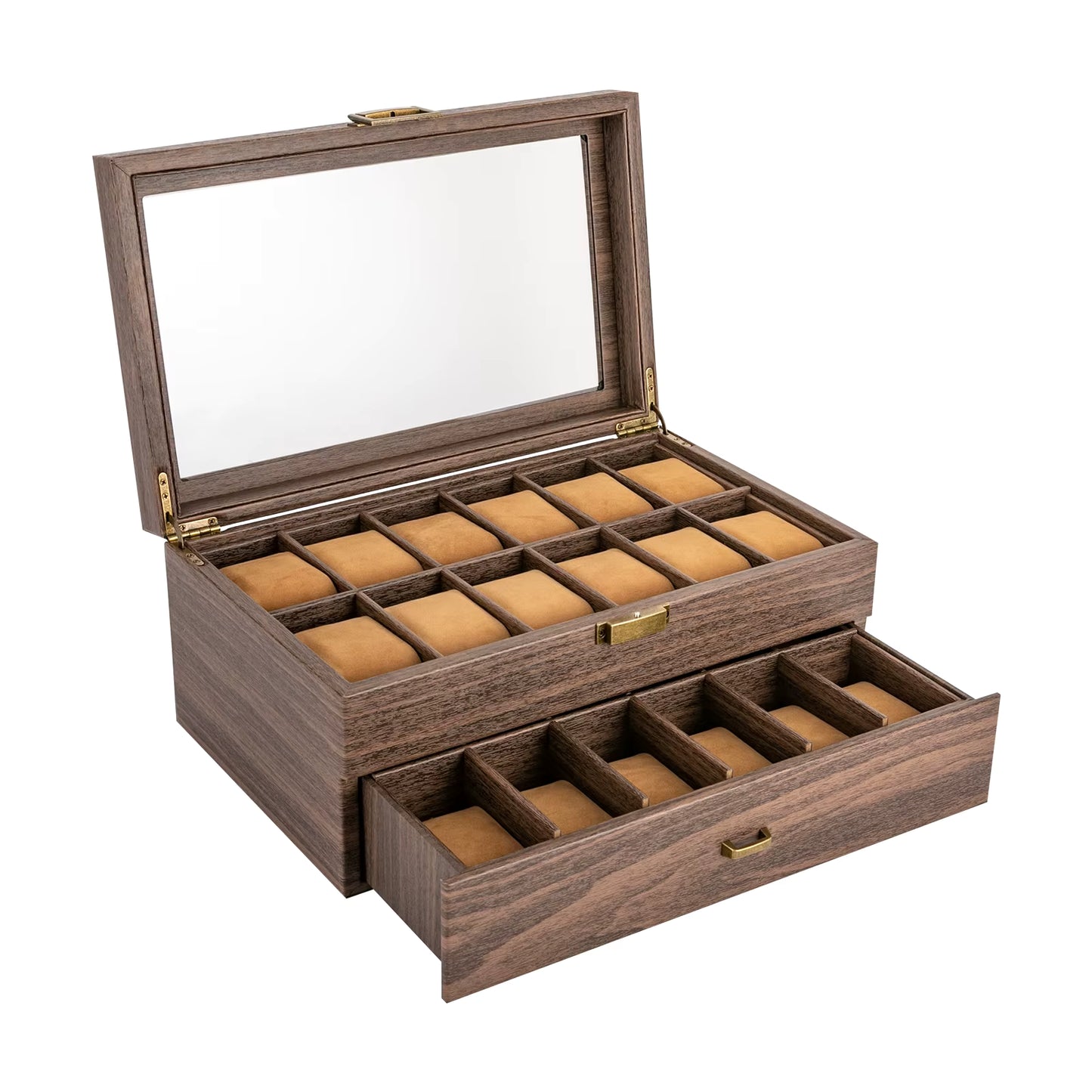 Boîte à Montres 24 Compartiments avec Vitrine – Coffret de Rangement Bijoux 2 Niveaux, Organisateur Montres en Bois avec Fenêtre Verre, Design Élégant
