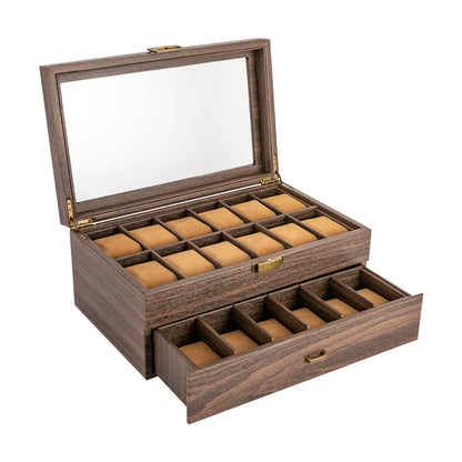 Boîte à Montres 24 Compartiments avec Vitrine – Coffret de Rangement Bijoux 2 Niveaux, Organisateur Montres en Bois avec Fenêtre Verre, Design Élégant