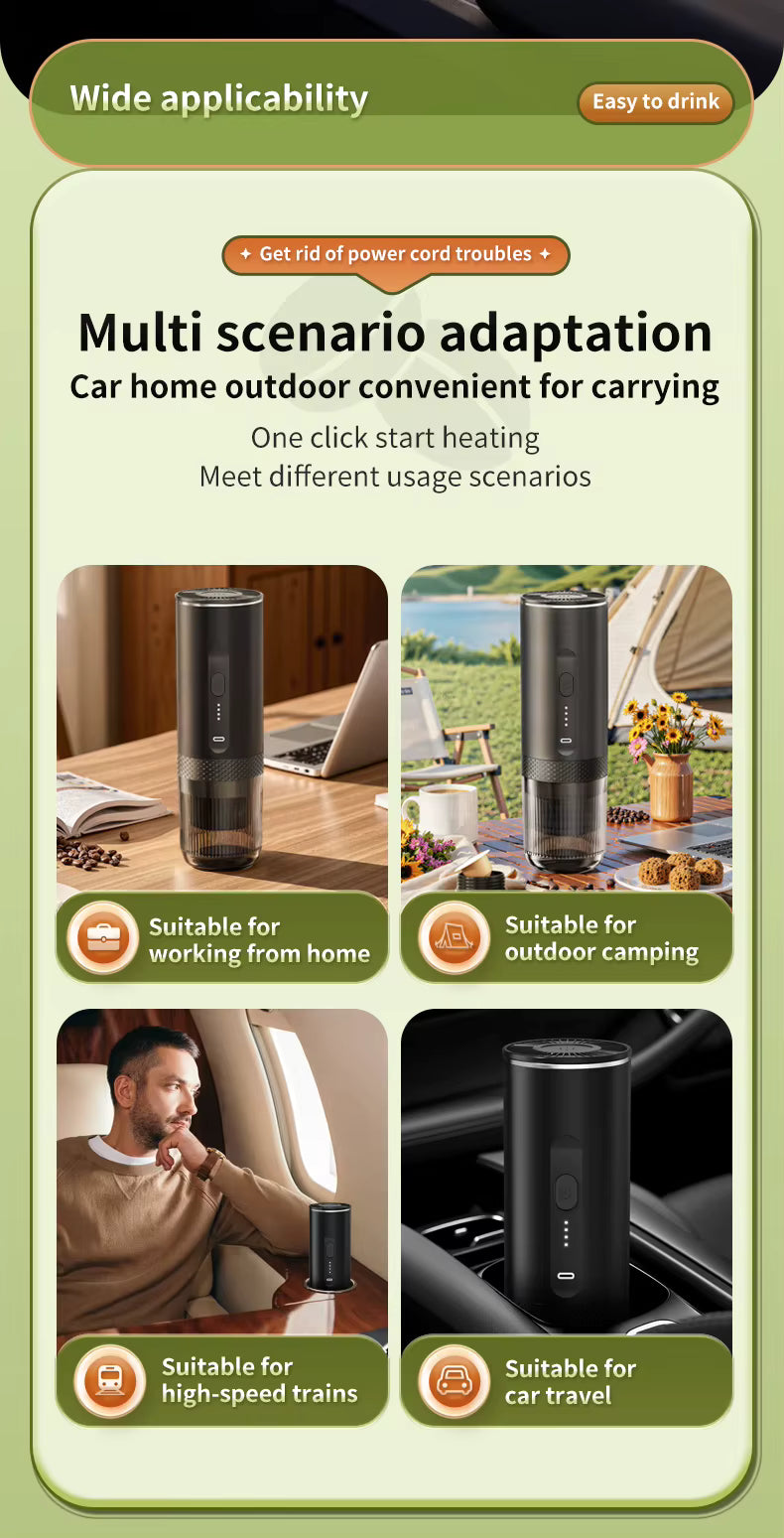 Machine à Café Portable Sans Fil – Cafetière Rechargeable USB-C 2 en 1 Capsules & Café Moulu, 20 Bars Pression, Idéale Voyage Camping Voiture