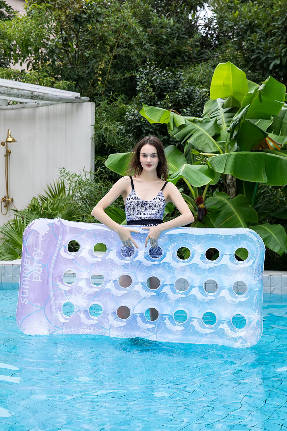 Matelas Gonflable Piscine Adulte avec Oreiller Intégré Bleu Flotteur Aquatique Plage Été Relaxation