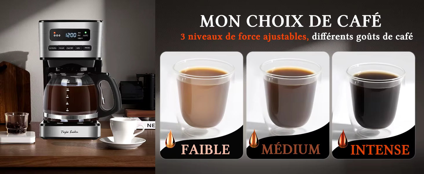 Cafetière Électrique 1,8L Programmable 24H – Machine à Café 12-15 Tasses avec Filtre Amovible, Maintien au Chaud, Écran LED
