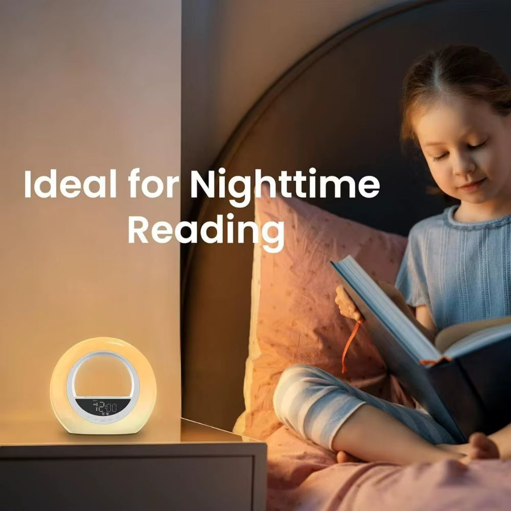 Veilleuse LED RGB Arc-en-Ciel avec Réveil Numérique – Lampe d’Ambiance Rechargeable – Simulation Lever du Soleil – Horloge de Chambre Moderne