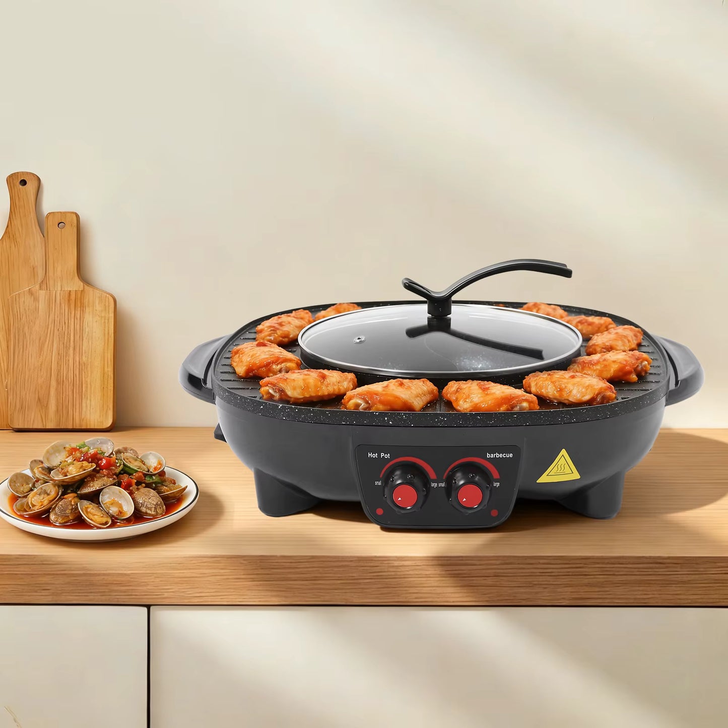 Hotpot et Grill Électrique 2 en 1 Sans Fumée Plaque Antiadhésive Cuisine Coréenne Multifonction Noir