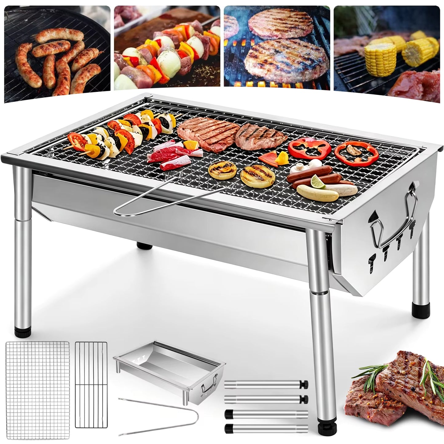 Barbecue à Charbon Portable Pliable en Acier Inoxydable – Grille Amovible | Jardin, Camping & Pique-Nique