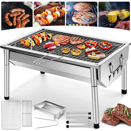 Barbecue à Charbon Portable Pliable en Acier Inoxydable – Grille Amovible | Jardin, Camping & Pique-Nique