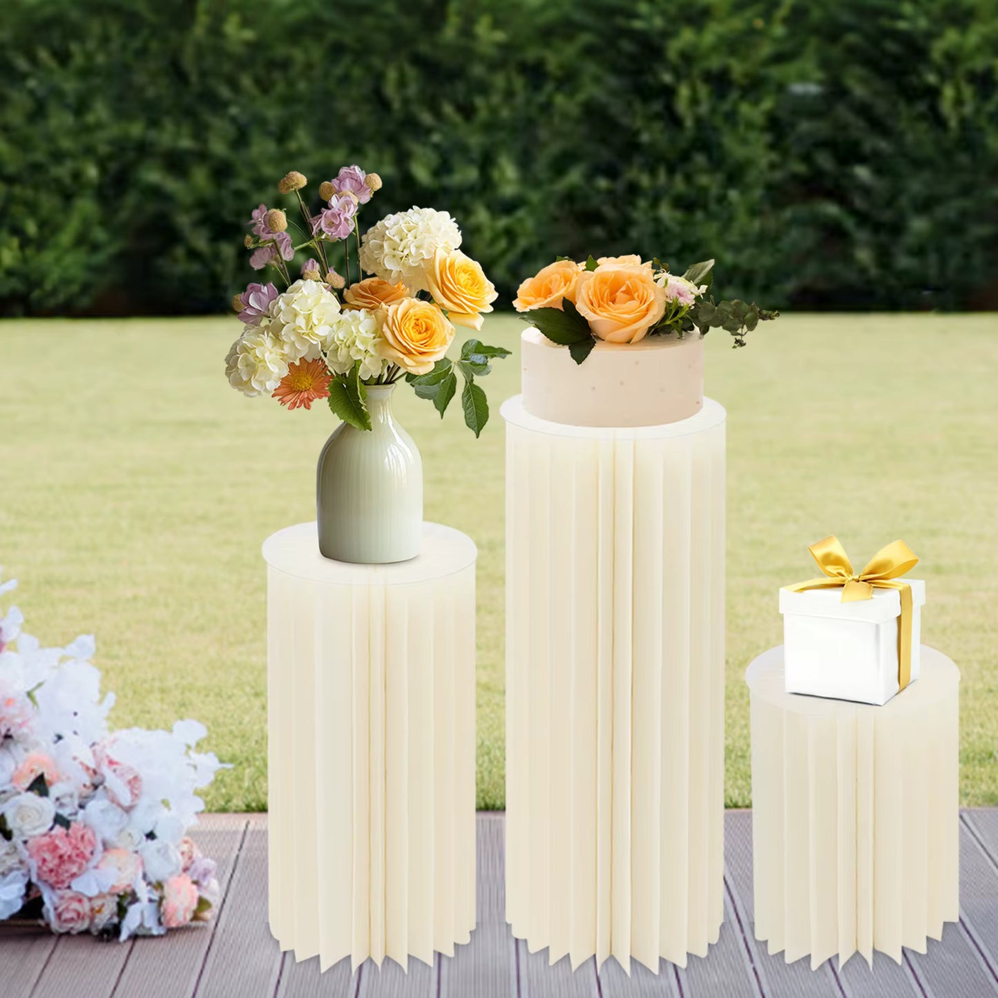 Support décoratif rond pliable blanc (lot de 3) – Socle colonne pour fleurs, mariage, anniversaire, décoration événementielle