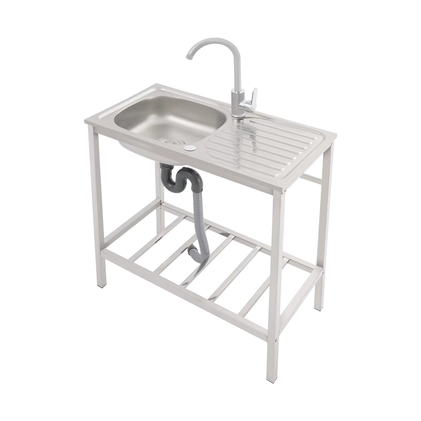 Évier de Cuisine Extérieur avec Support – Bac Inox 75x40x75 cm, Robinet 360°, Table de Travail avec Étagère, Évier Autonome pour Jardin, Camping ou Professionne